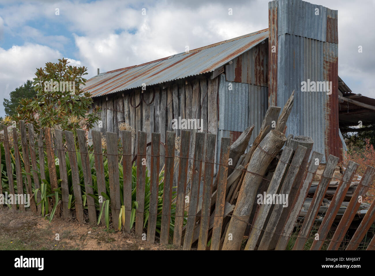 Hill End, New South Wales. Old rusty iron and timber slab cottage in the historic gold mining town of Hill End in the central west of New South Wales. Stock Photo