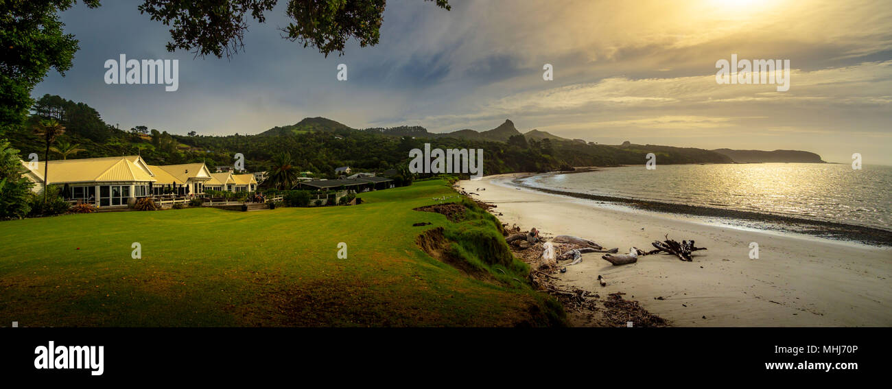 Hokianga and the Waihu River Bar in New Zealand - with the Arai-Te-Uru Recreation Reserve in the background Stock Photo