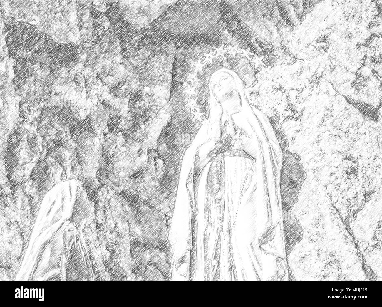 illustration of The apparition of the Blessed Virgin Mary surrounded by stars in the grotto of Lourdes Stock Photo