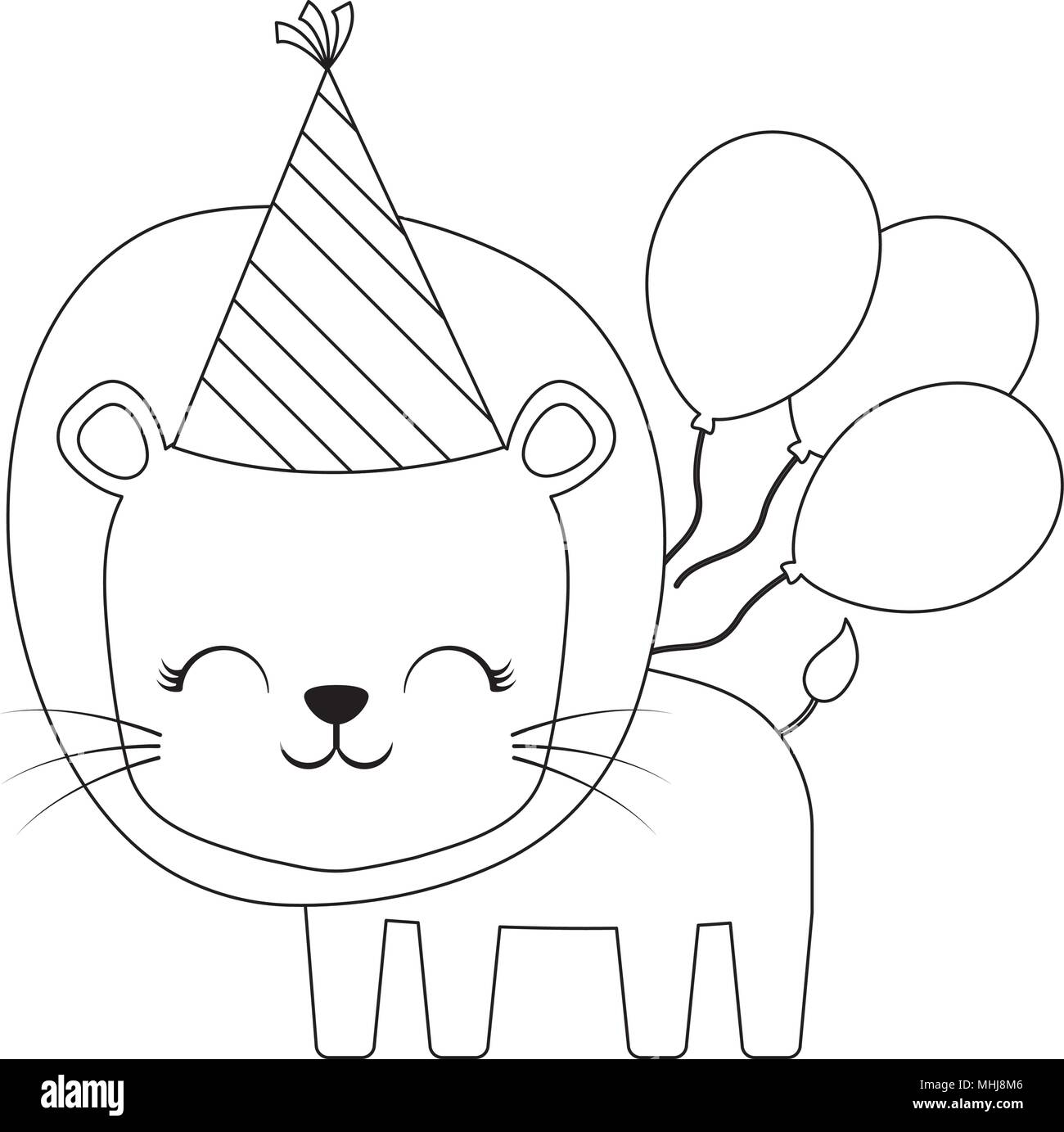 happy birthday design with cute lion with birthday hat and balloons ...