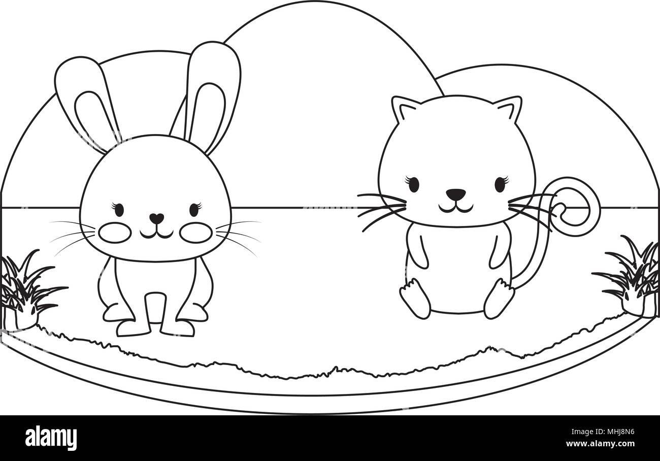 Cat And Rabbit Template landscape with cute rabbit and cat over white background, vector ...