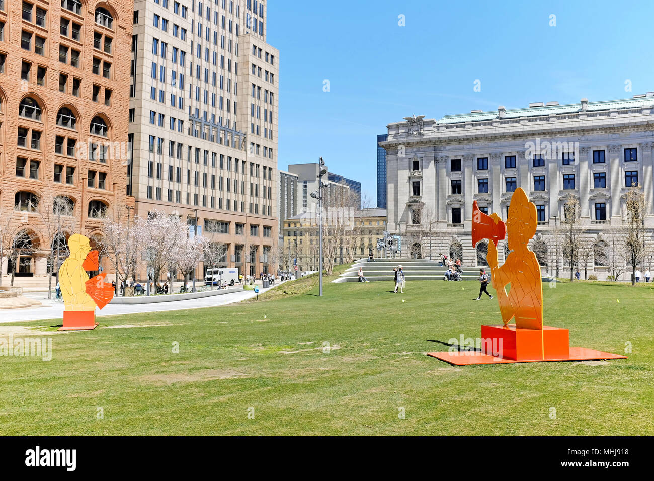 'Protest' art by Olalekan Jeyifous in downtown Cleveland, Ohio, public square reflects the political climate of the US. Stock Photo