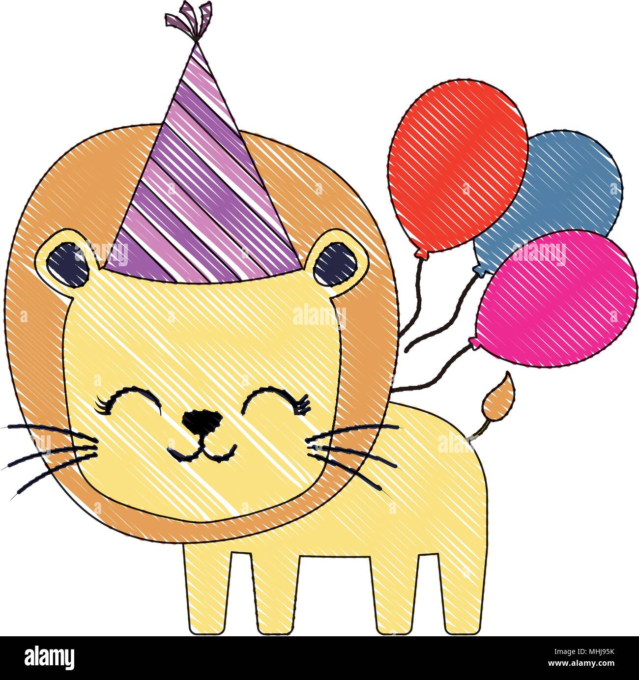 happy birthday design with cute lion with birthday hat and balloons ...