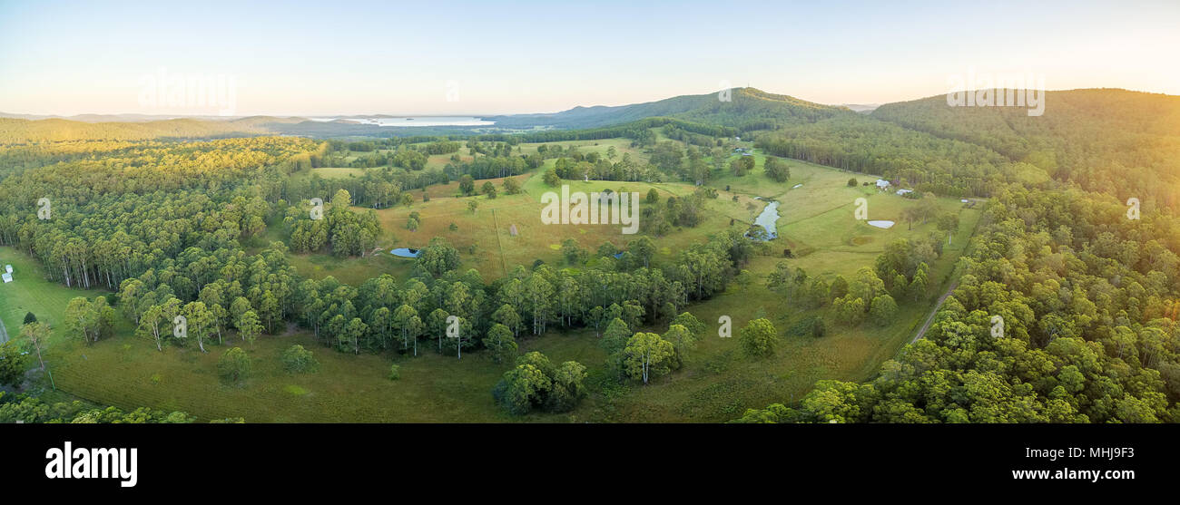 Aerial panorama of sunset over rural area in NSW, Australia Stock Photo