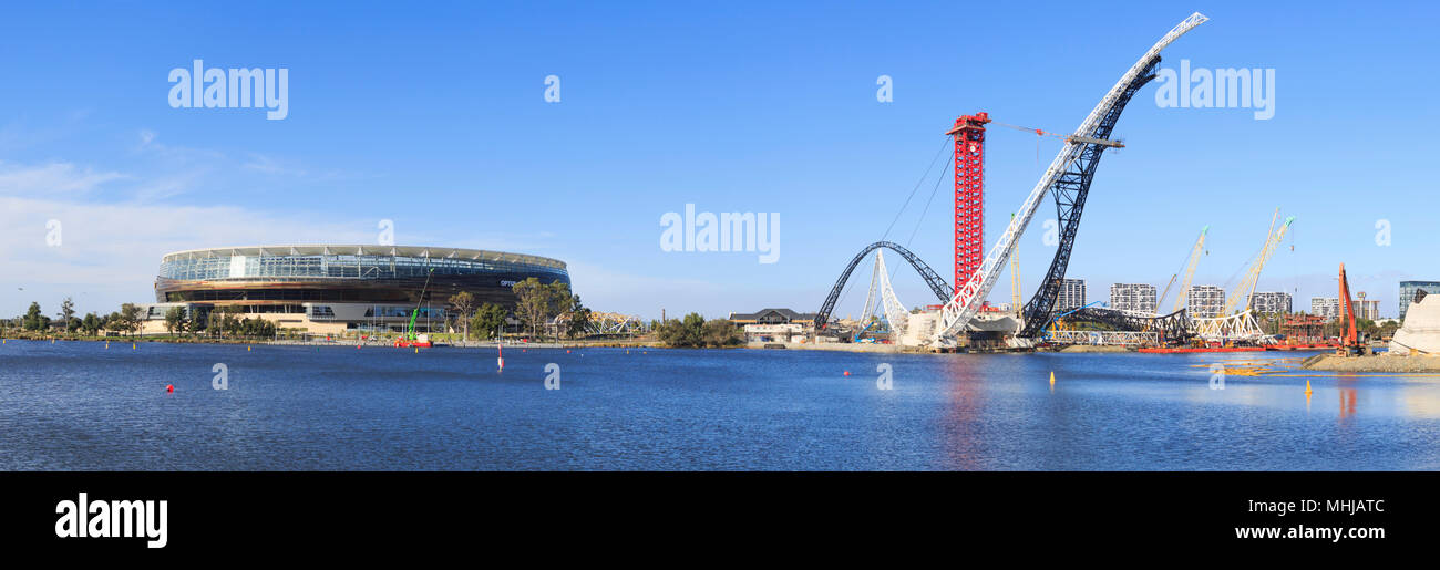 Matagarup Bridge under construction beside Optus Stadium Stock Photo
