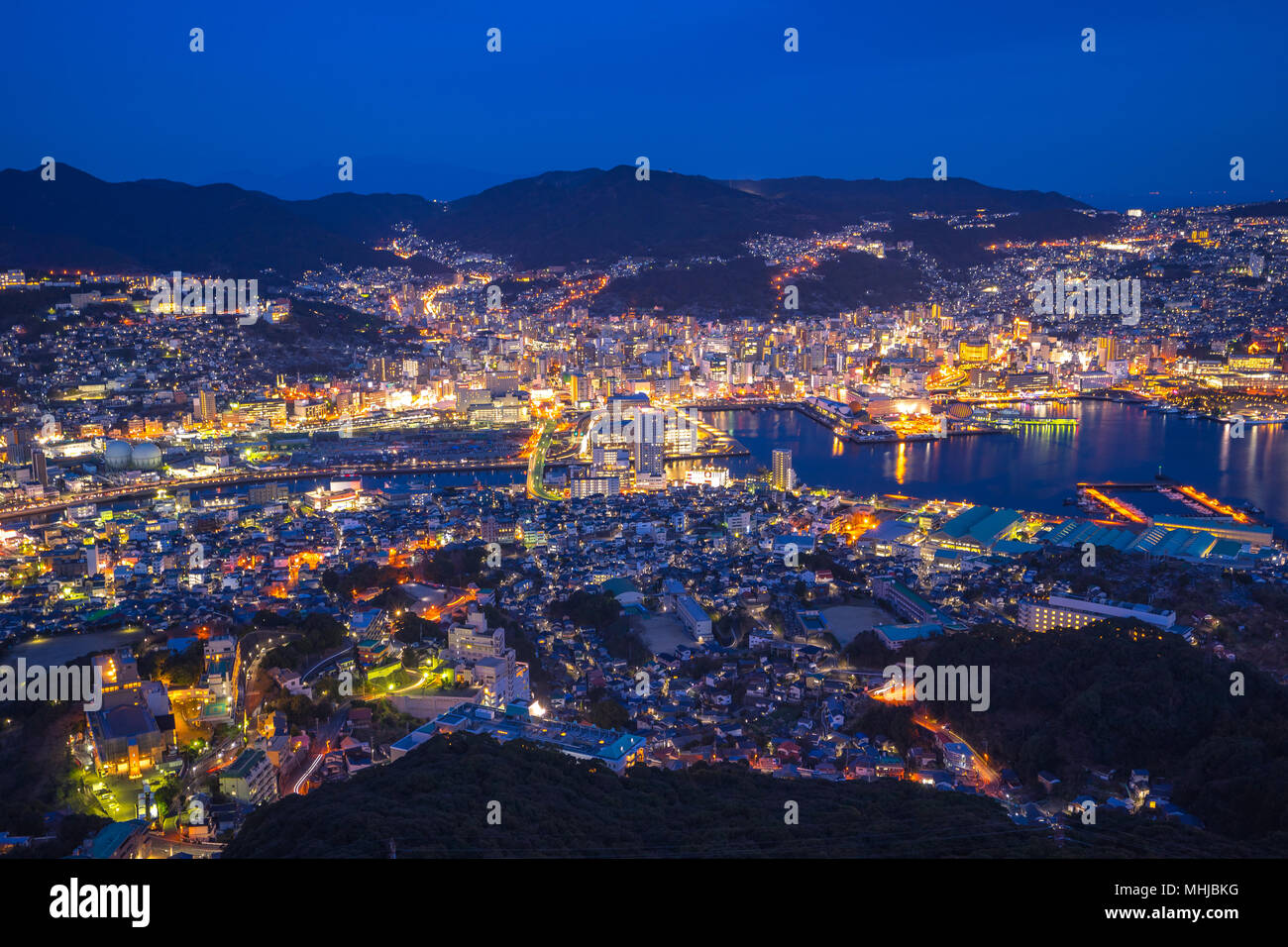 View of Nagasaki city skyline from Mount Inasa in Japan. Stock Photo