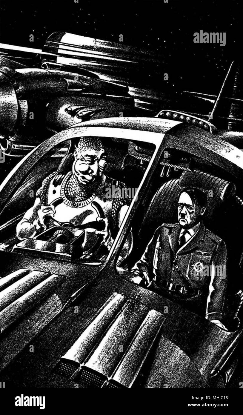 a science fiction illustration featuring Adolf Hitler riding with an alien in a futuristic vehicle Stock Photo