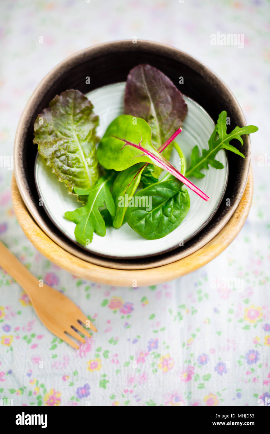 Mixed baby leaf salad of red chard, arugula, red lettuce and tatsoi in small bowls on a floral napkin, Selective focus Stock Photo