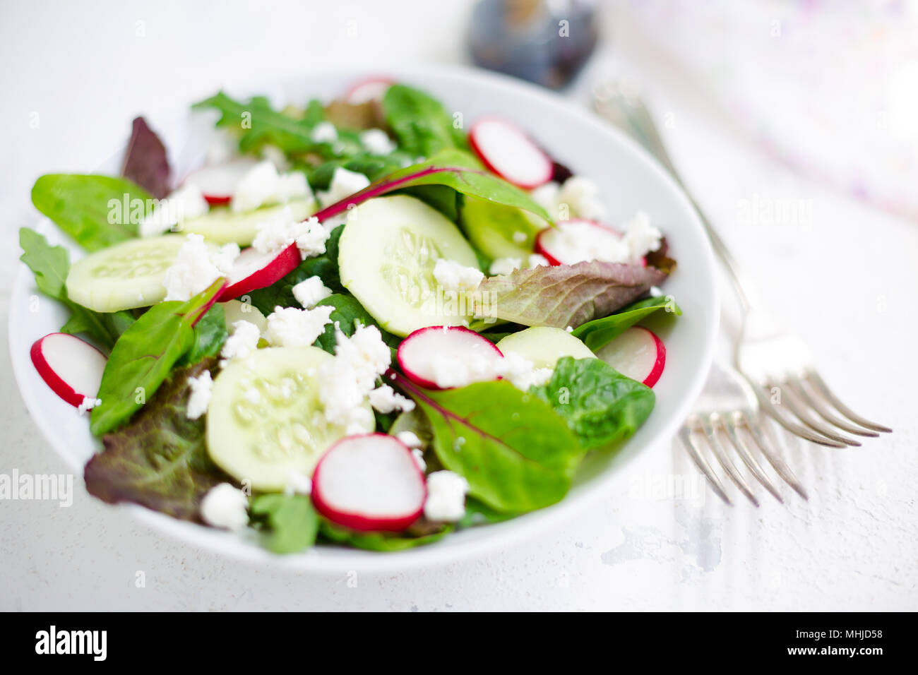Mixed salad with baby leaves of red lettuce, tatsoi, arugula, red chard, radish, cucumber and feta cheese with olive oil and balsamic vinegar dressing Stock Photo