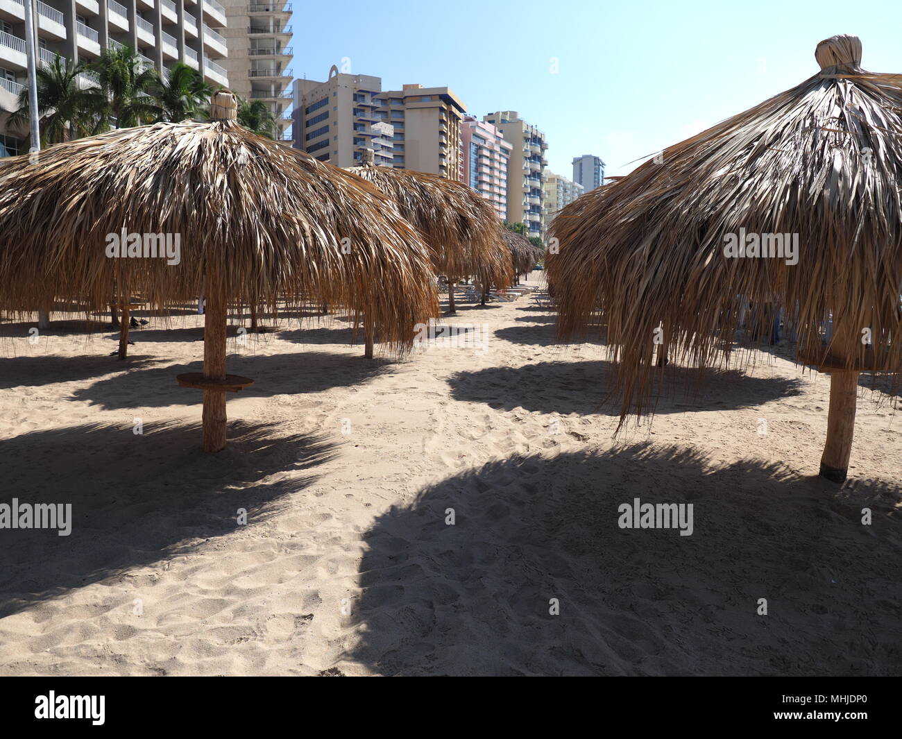 Tropical bamboo umbrellas on sandy beach at bay of ACAPULCO city