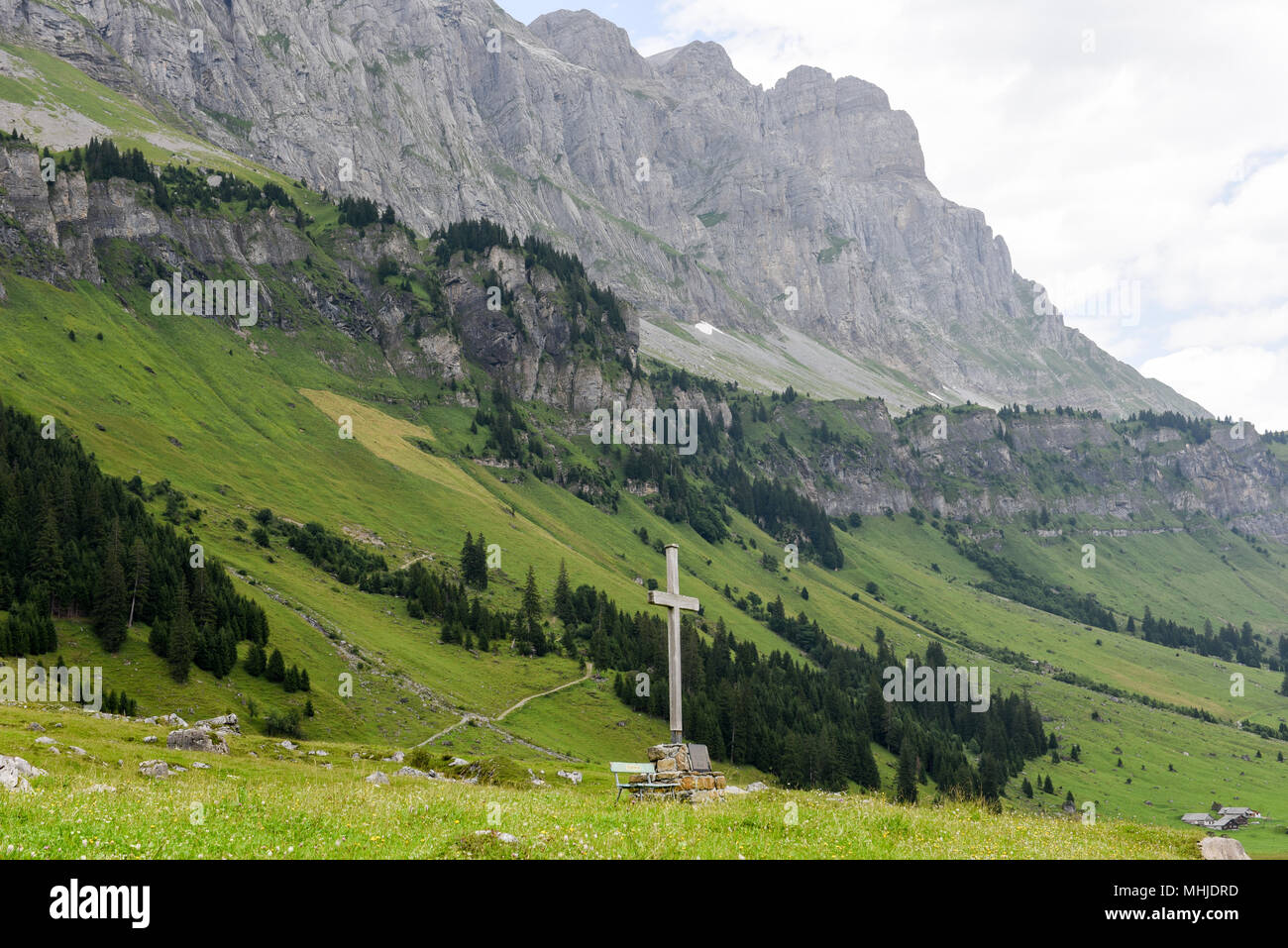 Rural landscape at Urnerboden on the Swiss alps Stock Photo