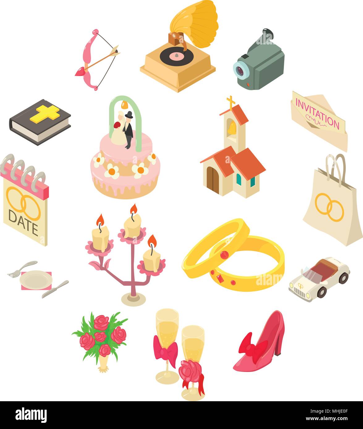 Wedding icons set, isometric style Stock Vector