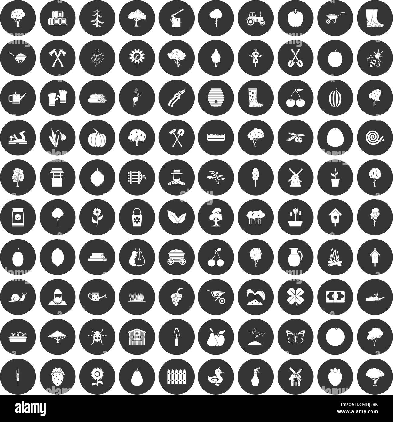 100 agriculture icons set black circle Stock Vector