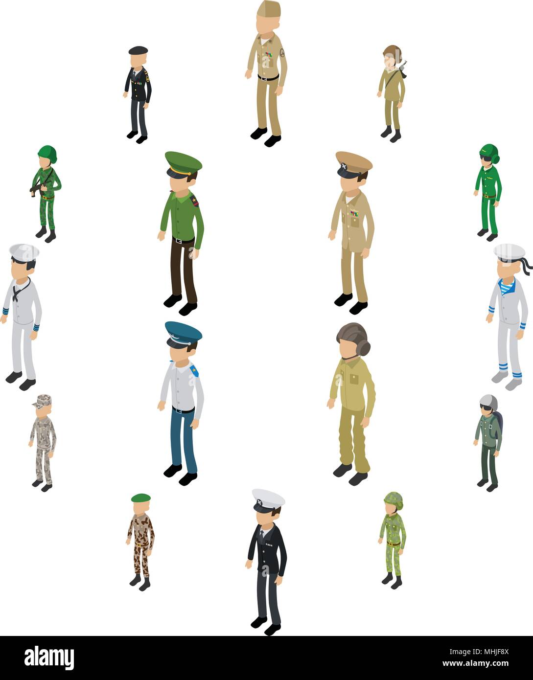 Soldier character icons set, isometric style Stock Vector