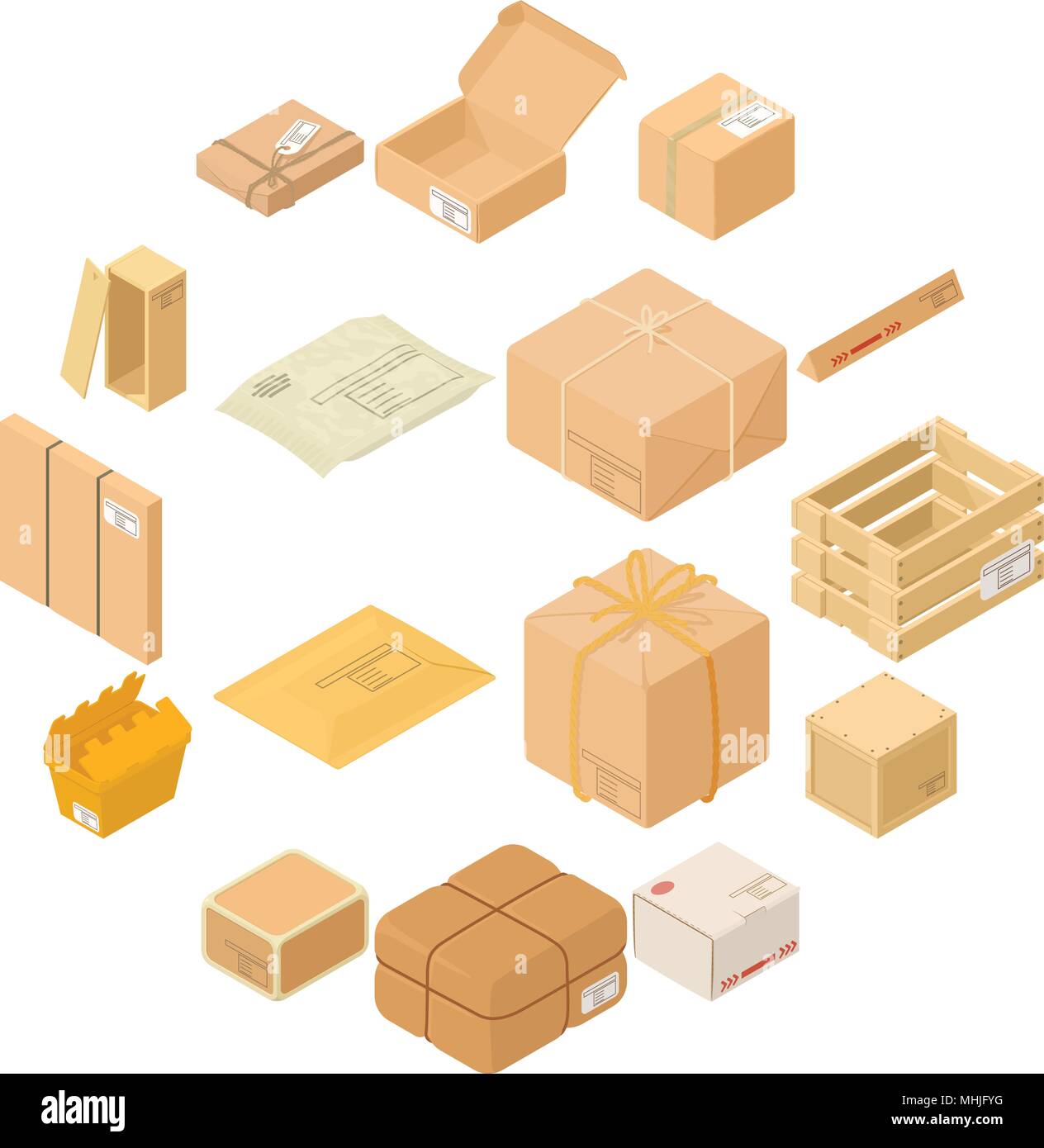 Parcel packaging box icons set, isometric style Stock Vector