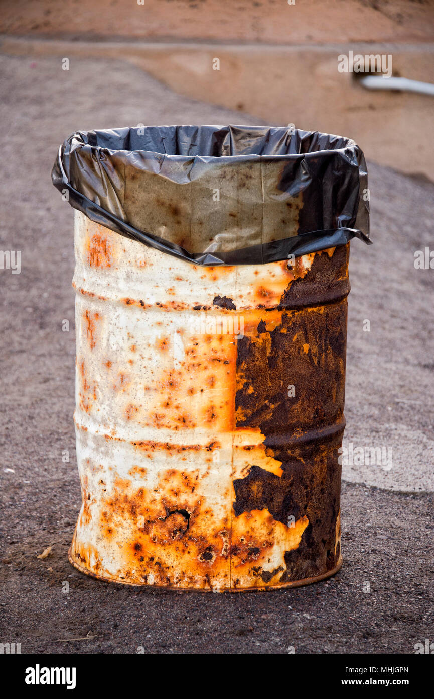 Rugged rusted Metal oil barrel trashcan Stock Photo Alamy