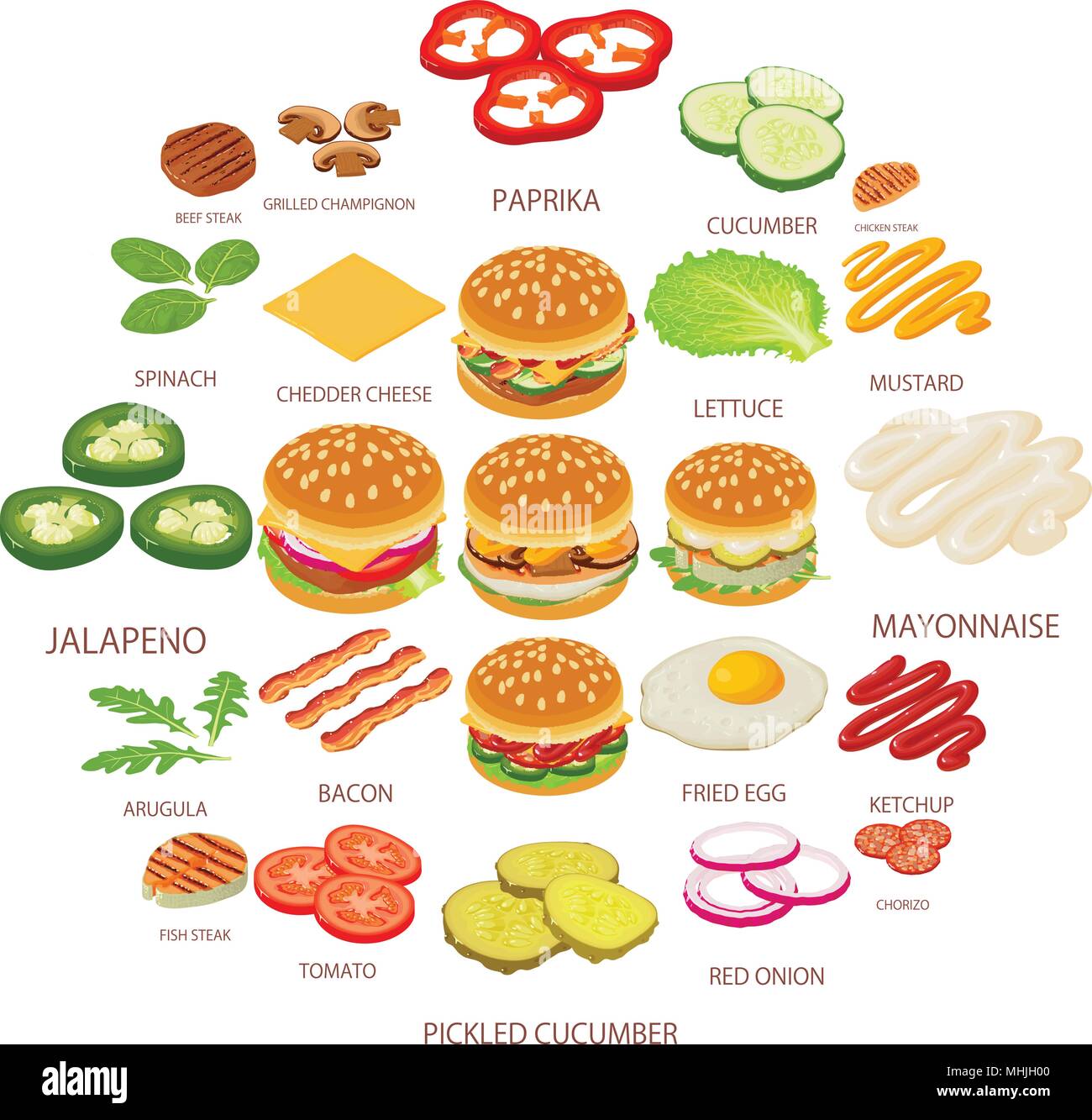Burger ingredient icons set, isometric style Stock Vector