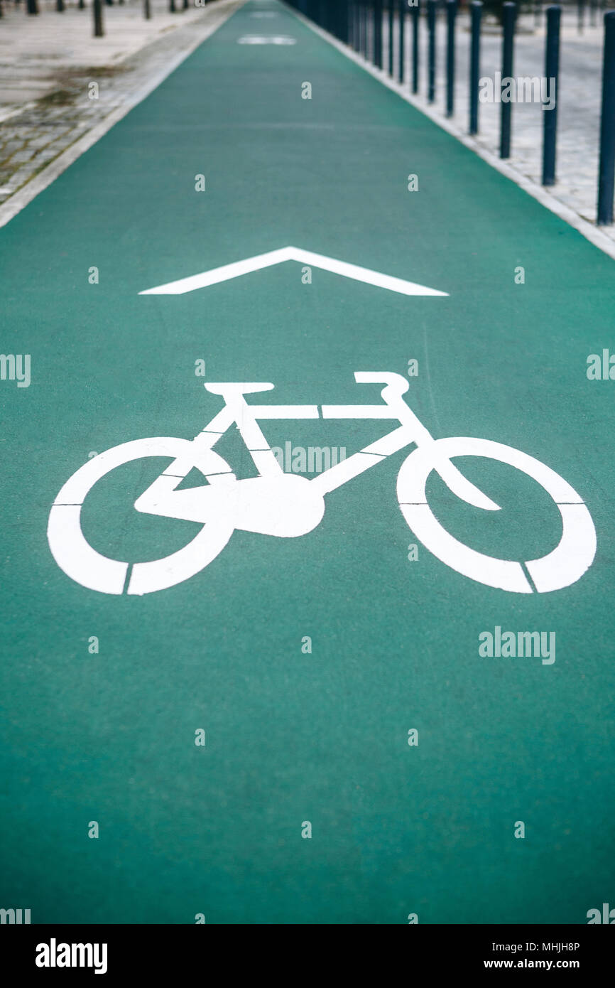 bicycle road with arrows. bicycle and modern ecological public movement. Stock Photo