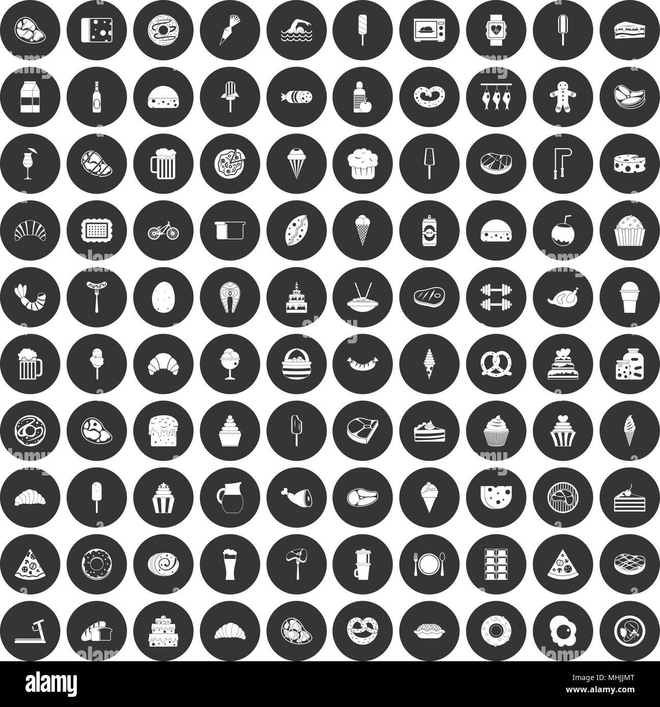 100 calories icons set black circle Stock Vector