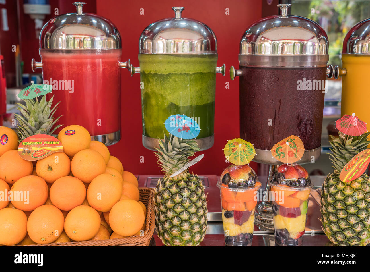 A fruit juice refreshment kiosk at the Miracle Gardens in Dubai, UAE, Middle East. Stock Photo