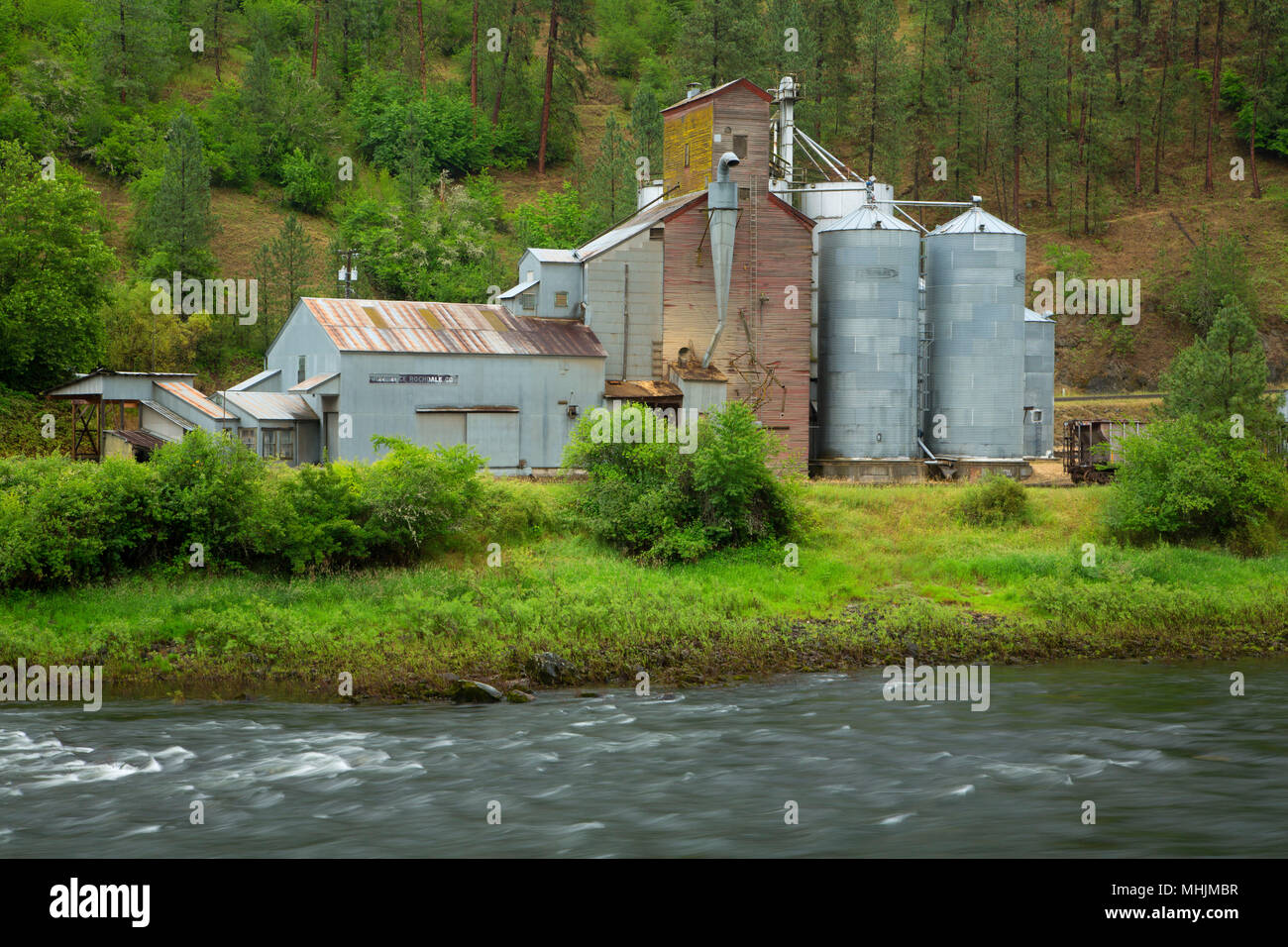 Grain elevator along Clearwater River, Northwest Passage Scenic Byway, Idaho Stock Photo