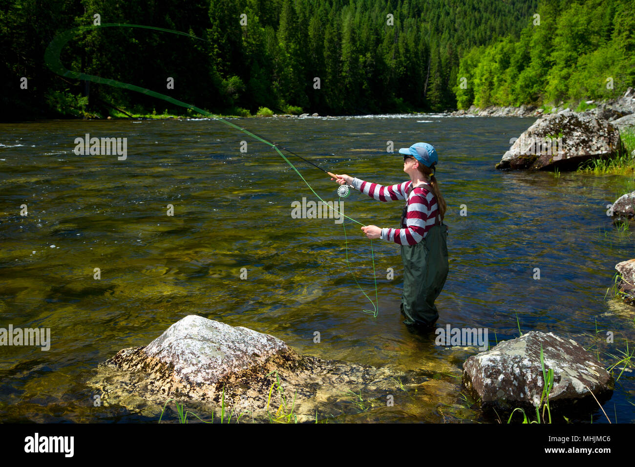 Flyfishing, Lochsa Wild and Scenic River, Northwest Passage Scenic Byway, Clearwater National Forest, Idaho Stock Photo