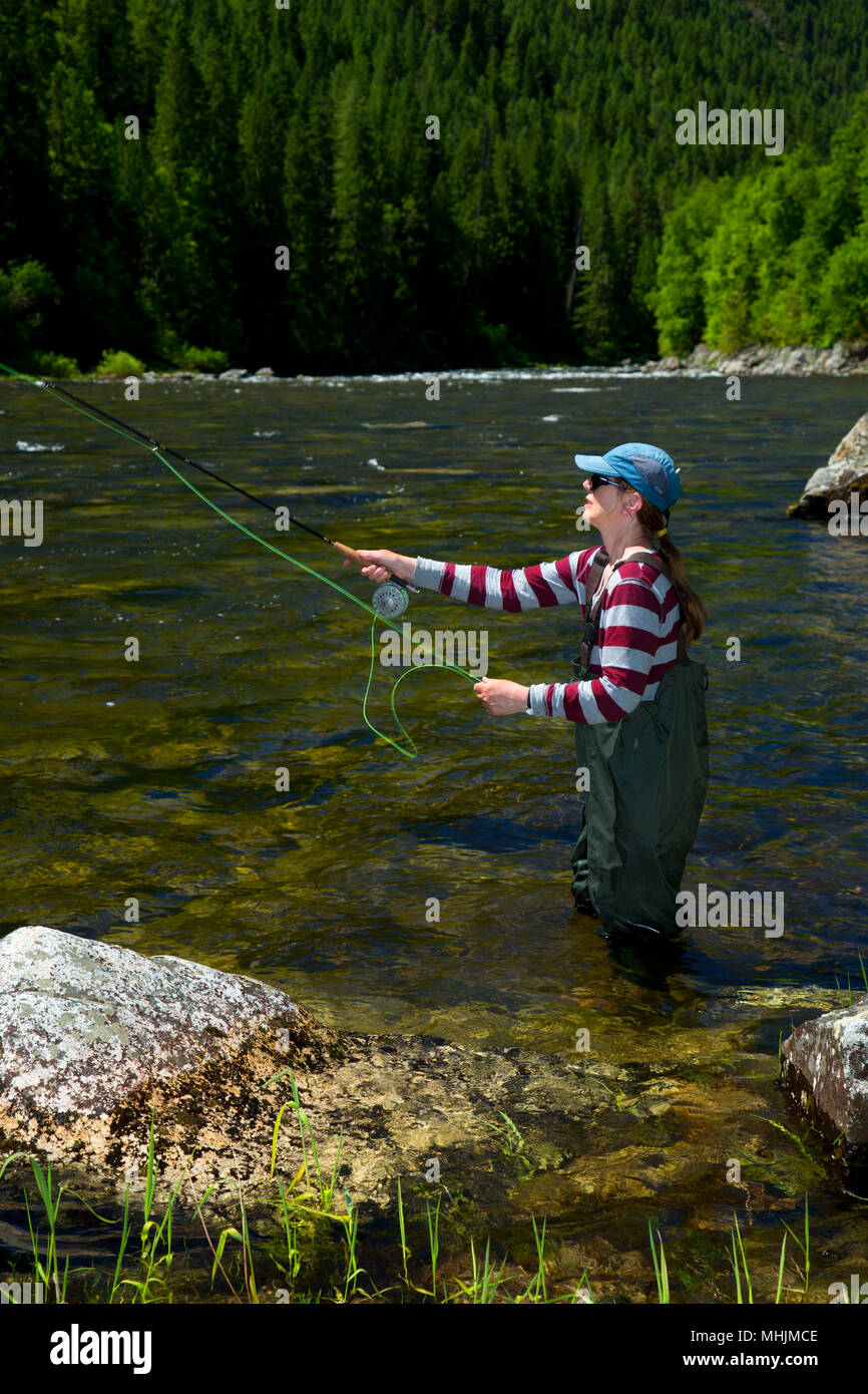 Flyfishing, Lochsa Wild and Scenic River, Northwest Passage Scenic Byway, Clearwater National Forest, Idaho Stock Photo