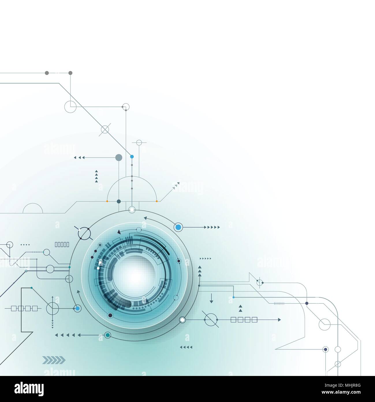 Vector illustration Abstract futuristic eyeball on circuit board, high computer technology. Light green and blue color background Stock Vector