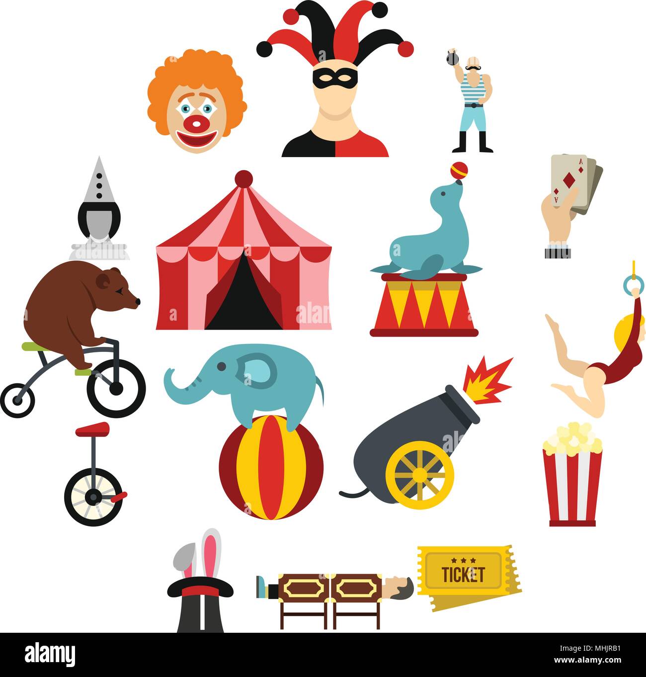 Circus entertainment icons set, flat style Stock Vector