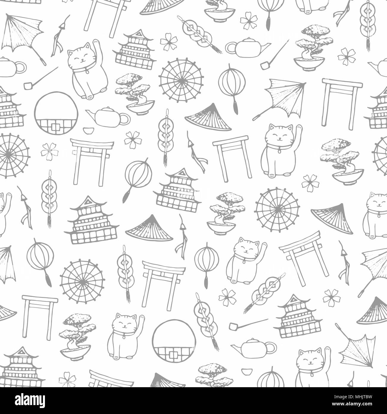 Hand drawn vector asian seamless pattern with umbrellas, japanese lucky cats, coins, lanterns, bonsai and  torii gates contours in sketchy style on th Stock Vector