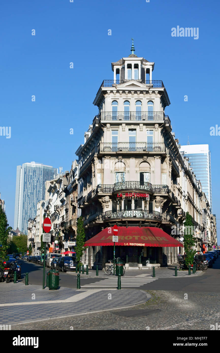 La Rotonde restaurant in Brussels, Belgium in a Neoclassical architectural designed building with modern designed buildings flanking each side. Stock Photo