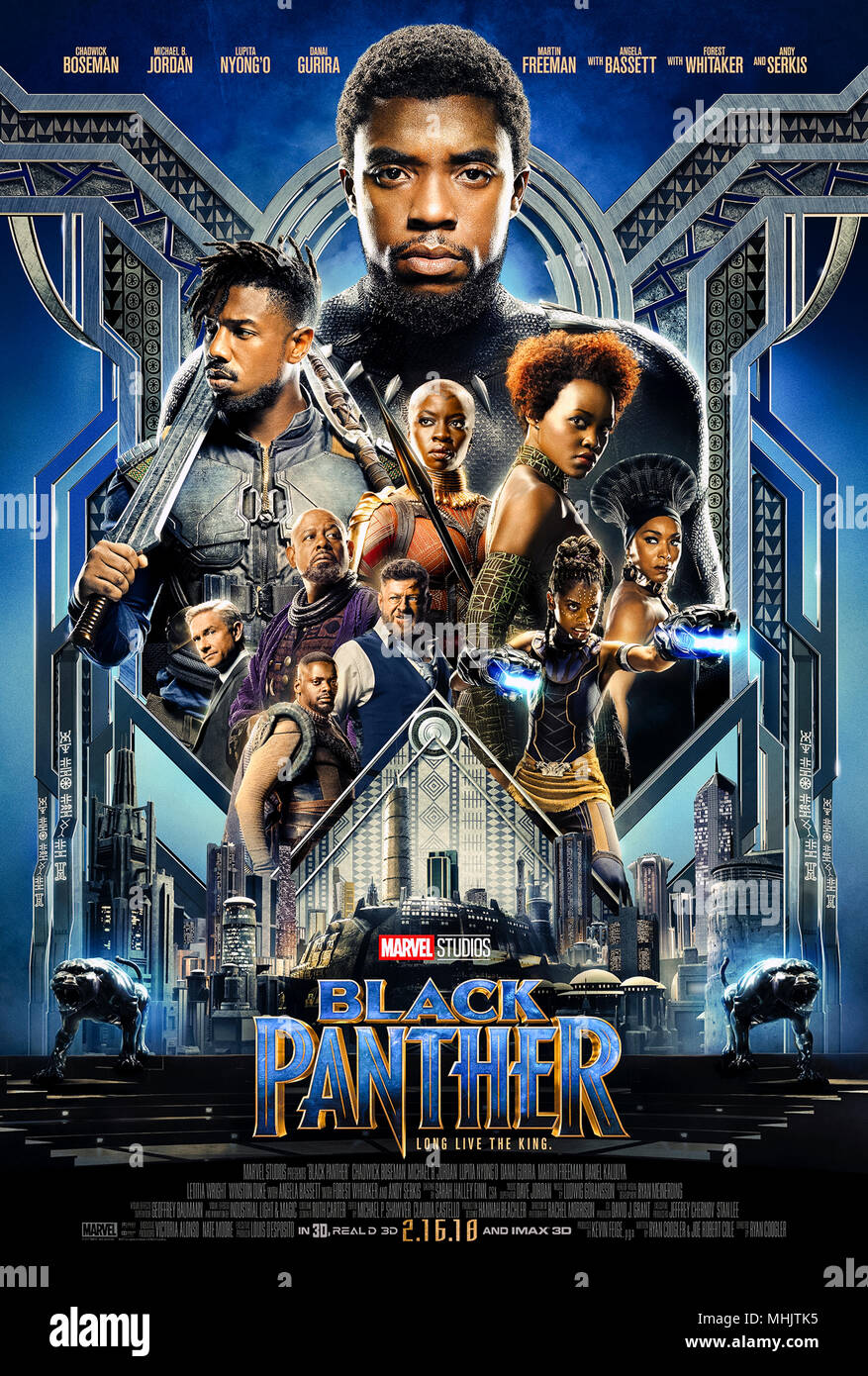 Black Panther (2018) directed by Ryan Coogler and starring Chadwick Boseman, Michael B. Jordan and Lupita Nyong'o. T'Challa uses the powers of vibranium to prevent them being misused; long live the King! Stock Photo