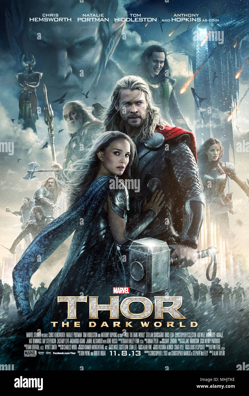 Thor: The Dark World (2013) directed by Alan Taylor and starring Chris Hemsworth, Natalie Portman, Tom Hiddleston and Anthony Hopkins. The God of Thunder returns to save Earth and the other eight Realms from Malekith and his Dark Elf army. Stock Photo