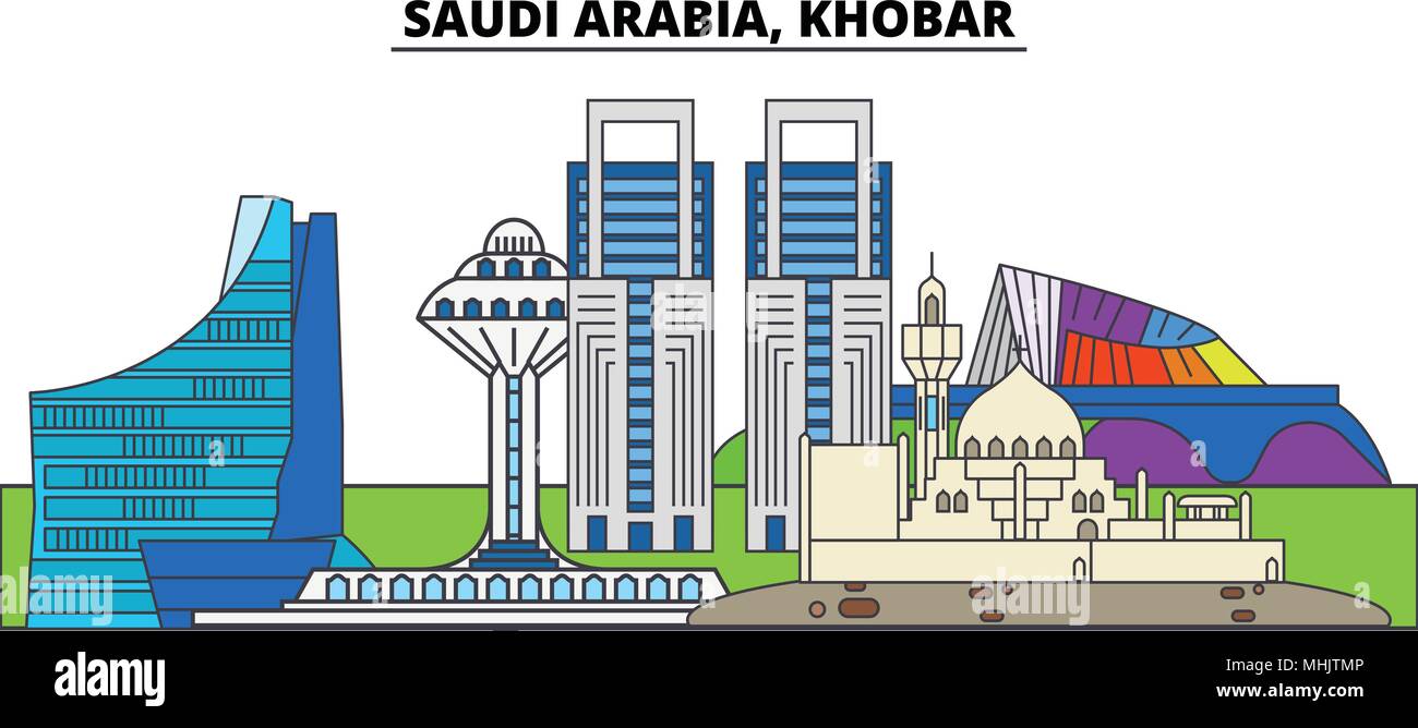 Saudi Arabia, Khobar. City skyline, architecture, buildings, streets, silhouette, landscape, panorama, landmarks. Editable strokes. Flat design line vector illustration concept. Isolated icons Stock Vector