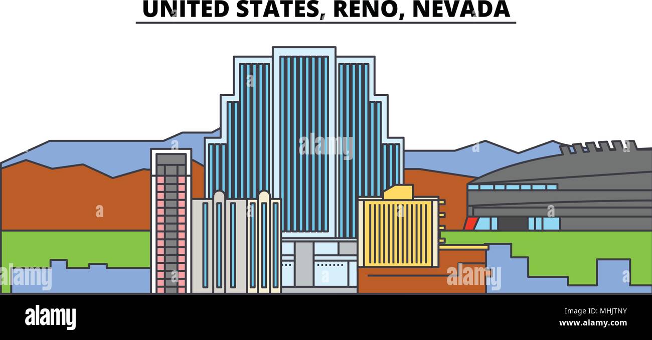 United States, Reno, Nevada. City skyline, architecture, buildings, streets, silhouette, landscape, panorama, landmarks. Editable strokes. Flat design line vector illustration concept. Isolated icons Stock Vector