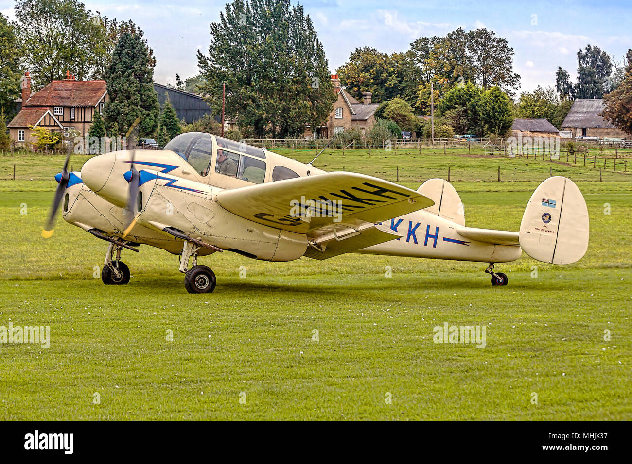 Sir John Allison taxies his 1947 Miles Gemini 1A G-AKKH in at Old Warden,UK, while visiting in 2011. Canon EOS 50D. Stock Photo
