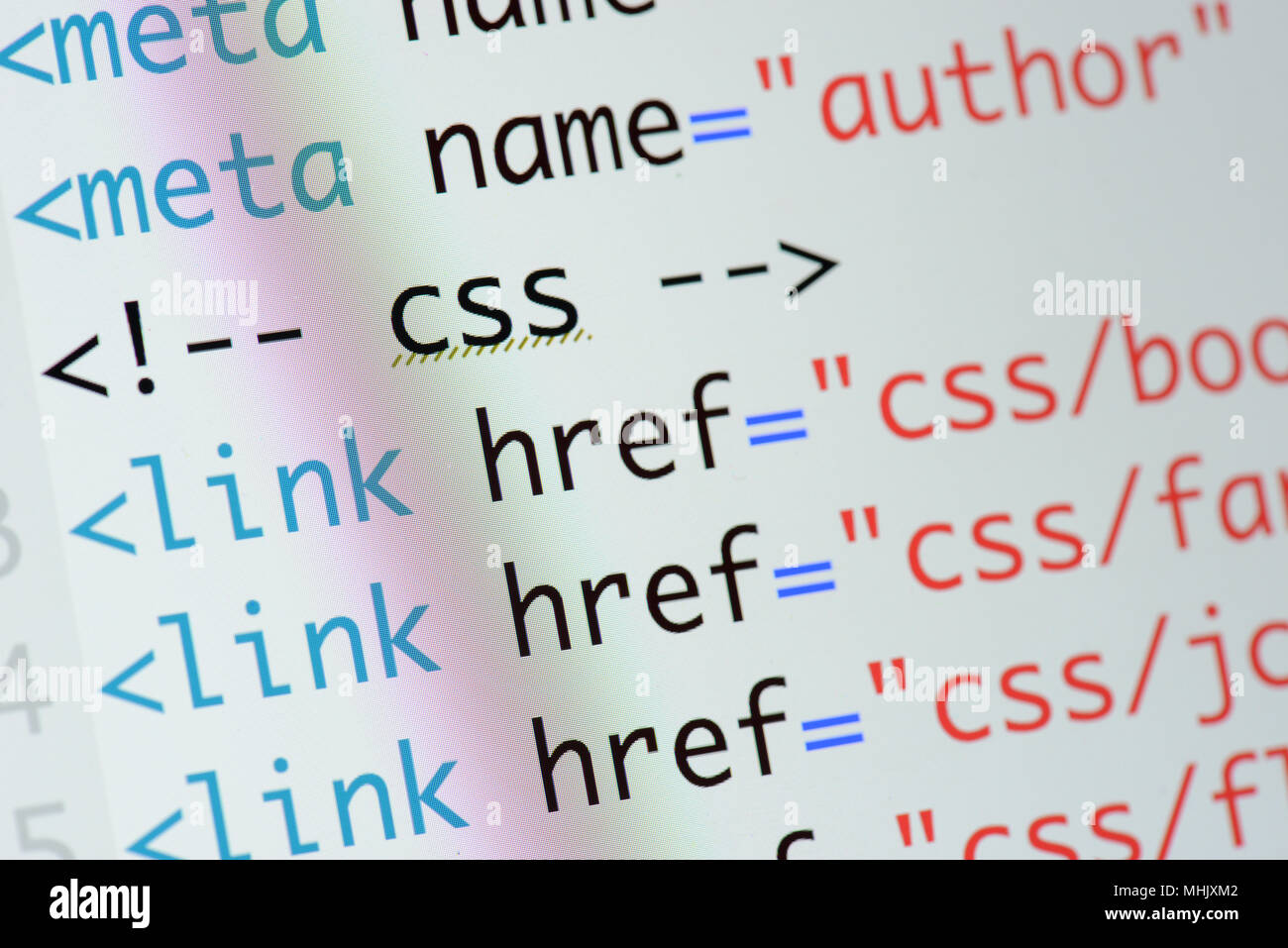 Real Html code developing screen. Programing workflow abstract algorithm concept. Lines of Html code visible. Stock Photo