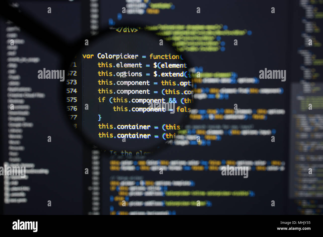 Real Java Script code developing screen. Programing workflow abstract ...