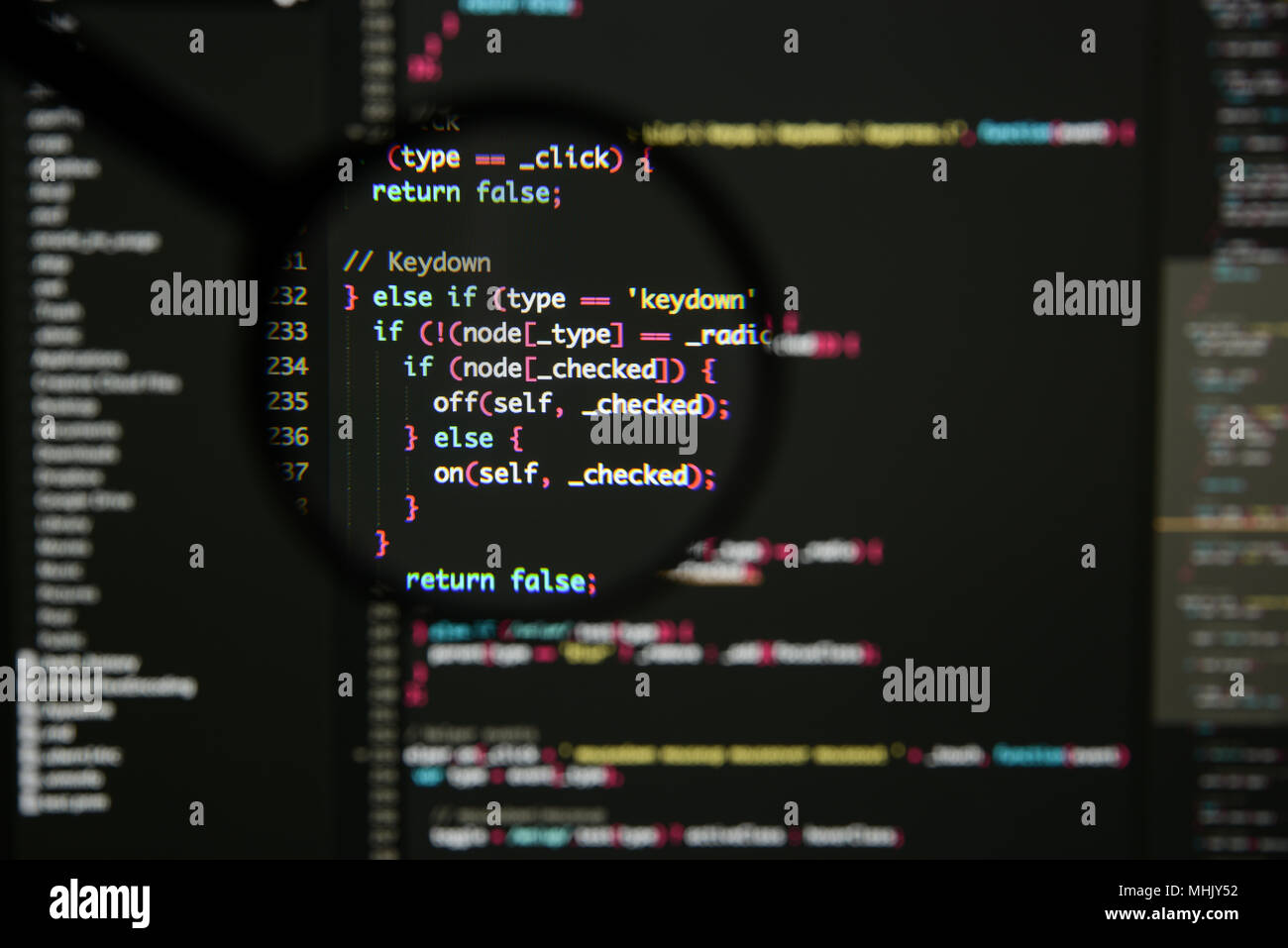 Real Java Script code developing screen. Programing workflow abstract ...
