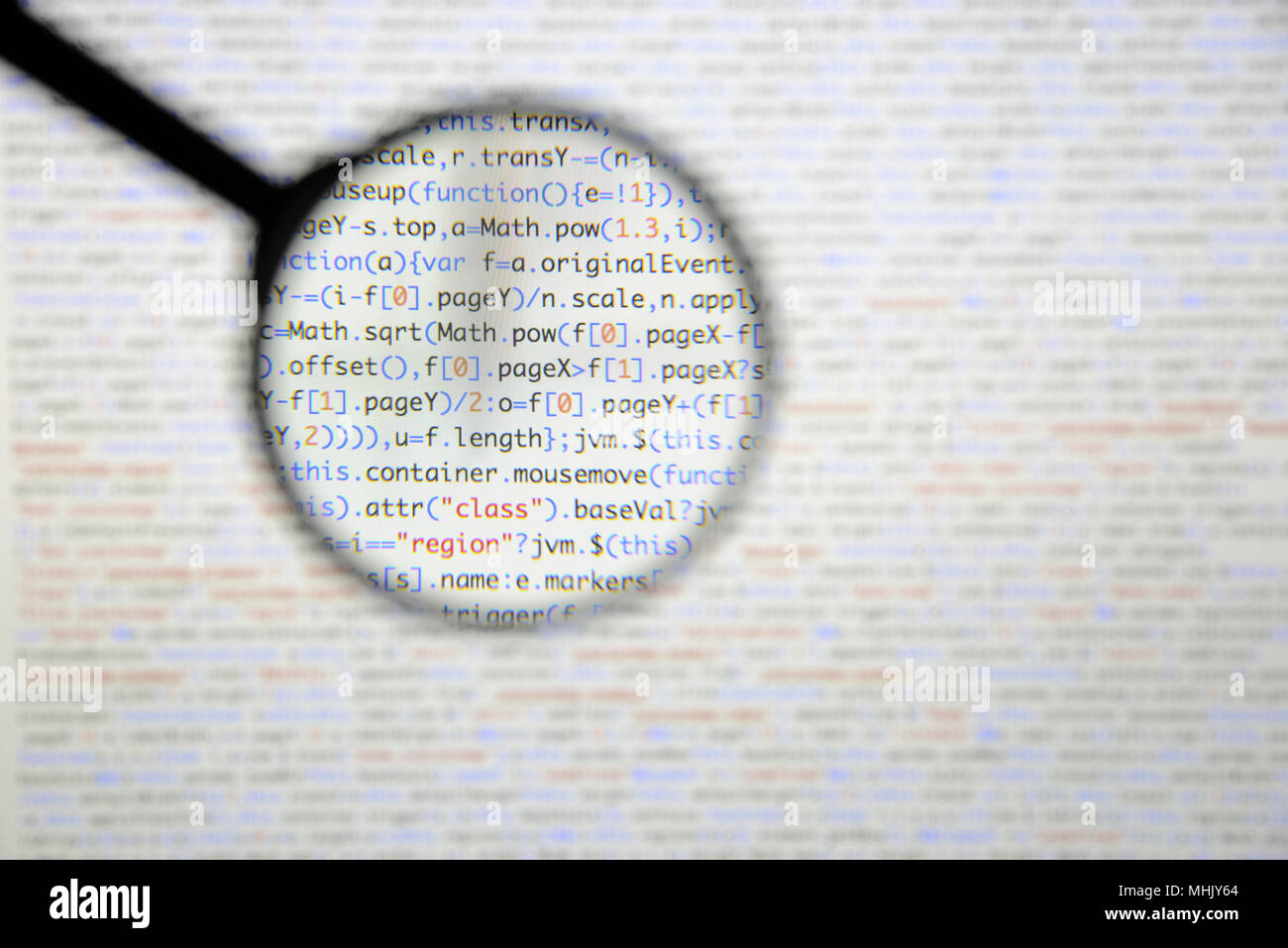 Real Java Script code developing screen. Programing workflow abstract algorithm concept. Closeup of Java Script and HTML code. Stock Photo