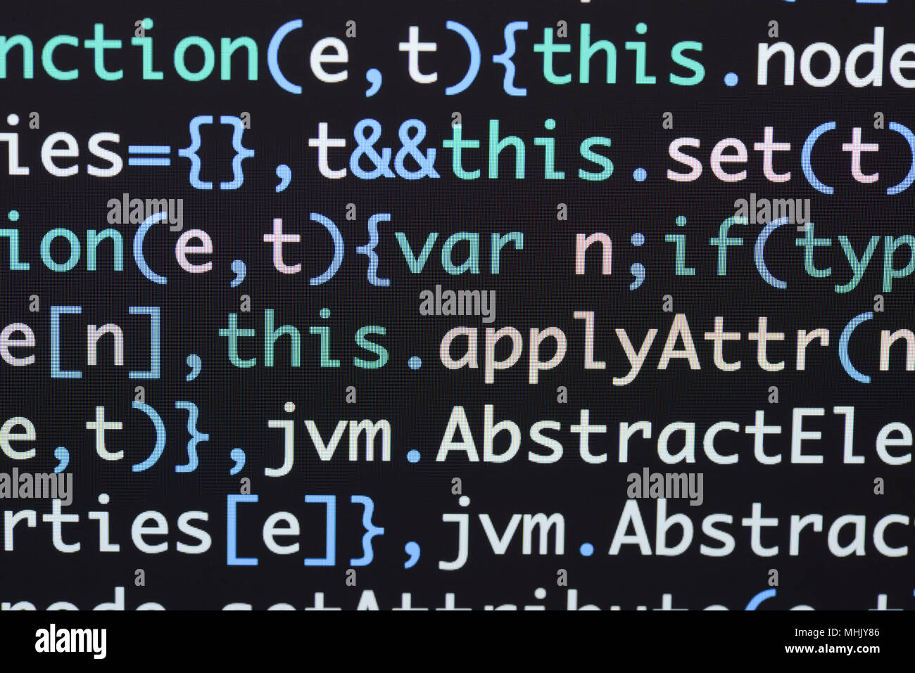 Real Java Script code developing screen. Programing workflow abstract algorithm concept. Closeup of Java Script and HTML code. Stock Photo