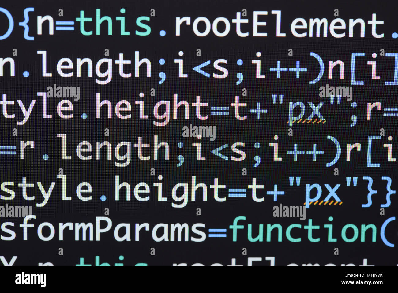 Real Java Script code developing screen. Programing workflow abstract algorithm concept. Closeup of Java Script and HTML code. Stock Photo