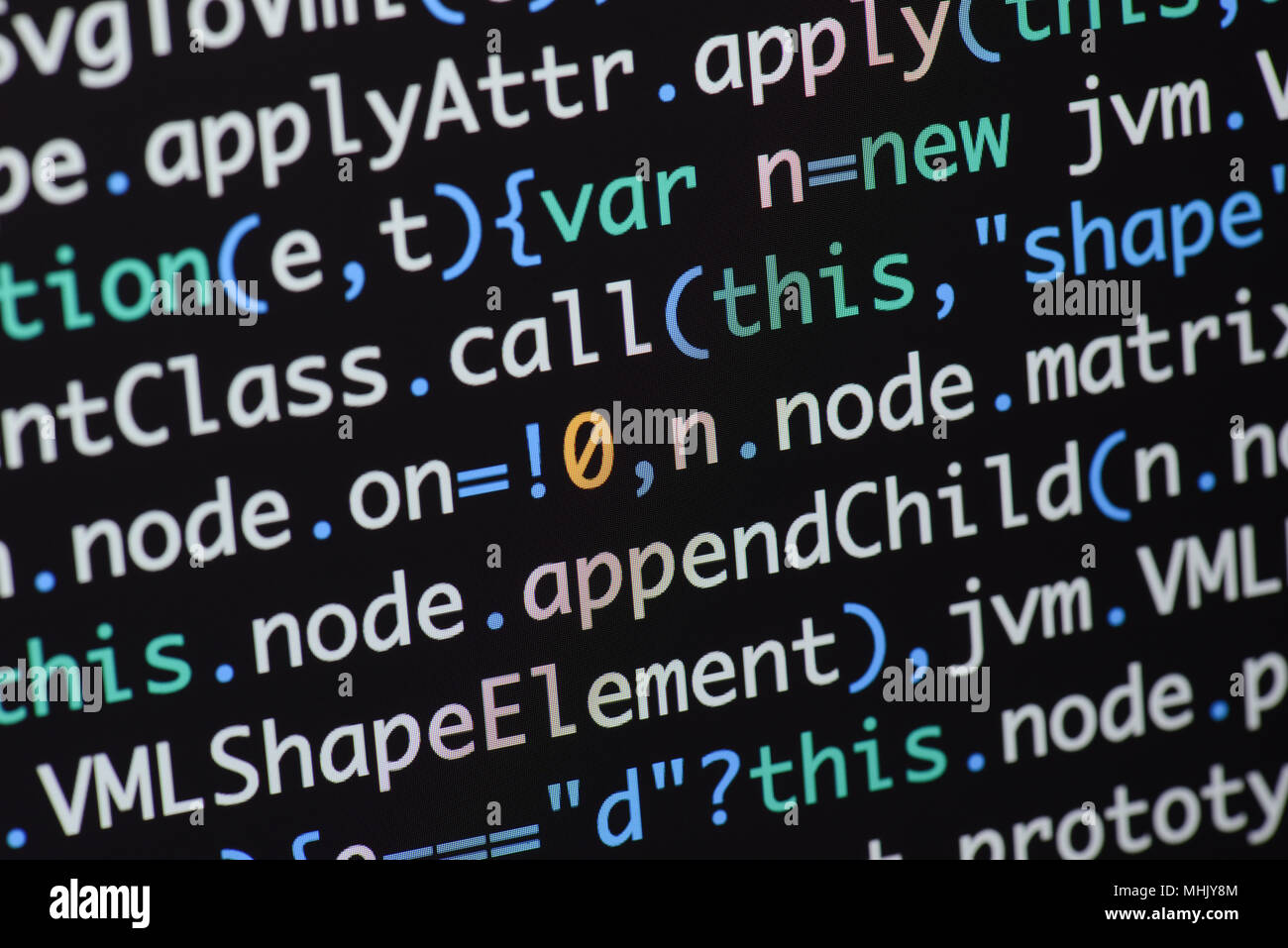 Real Java Script code developing screen. Programing workflow abstract algorithm concept. Closeup of Java Script and HTML code. Stock Photo