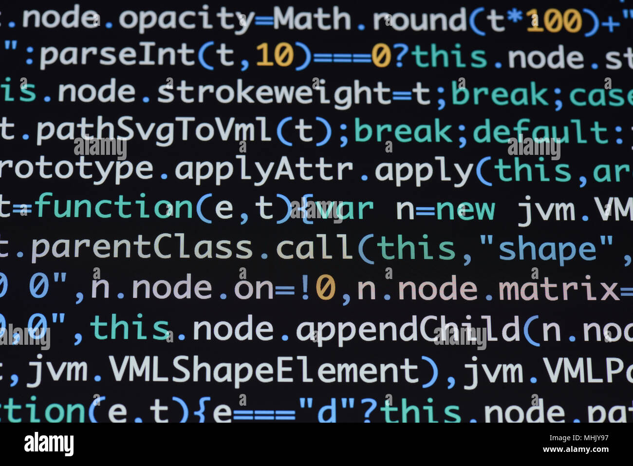 Real Java Script code developing screen. Programing workflow abstract algorithm concept. Closeup of Java Script and HTML code. Stock Photo