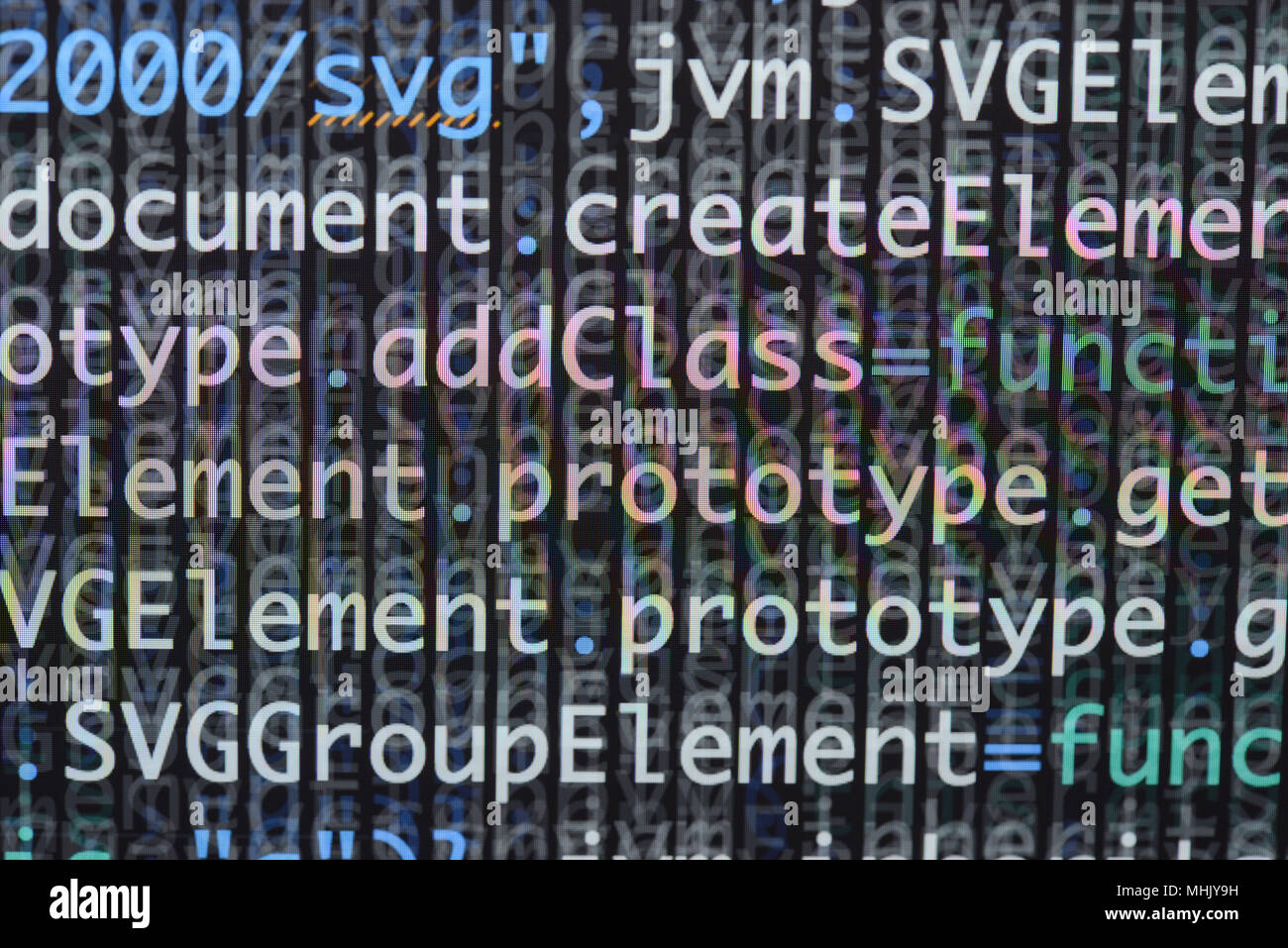 Real Java Script code developing screen. Programing workflow abstract algorithm concept. Closeup of Java Script and HTML code. Stock Photo