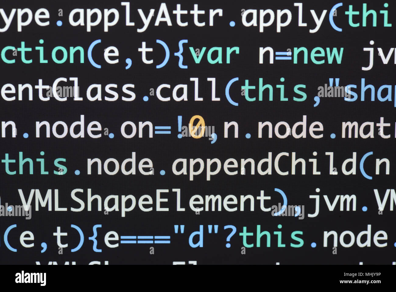 Real Java Script code developing screen. Programing workflow abstract algorithm concept. Closeup of Java Script and HTML code. Stock Photo