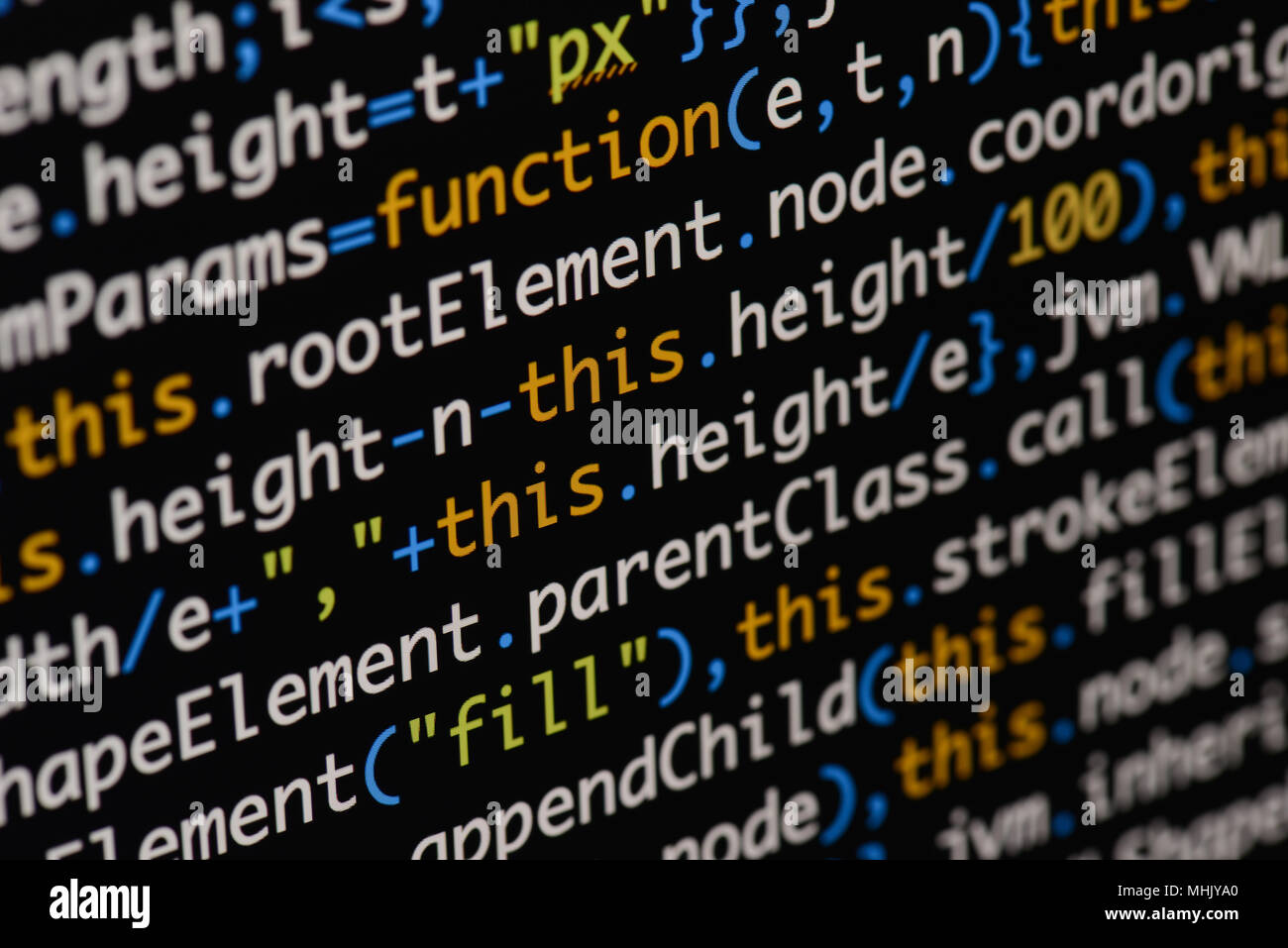 Real Java Script code developing screen. Programing workflow abstract algorithm concept. Closeup of Java Script and HTML code. Stock Photo
