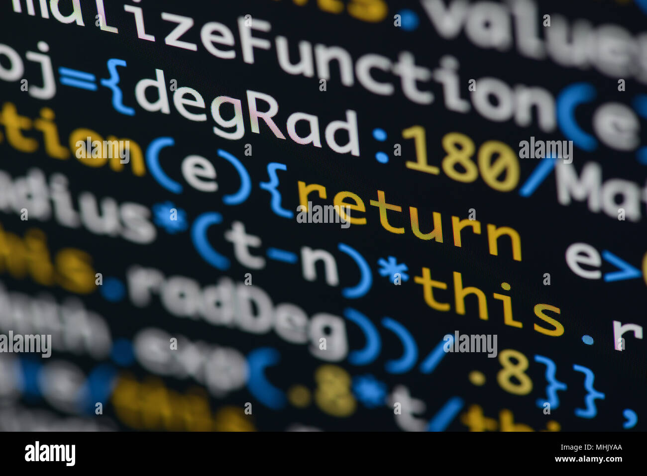 Real Java Script code developing screen. Programing workflow abstract ...