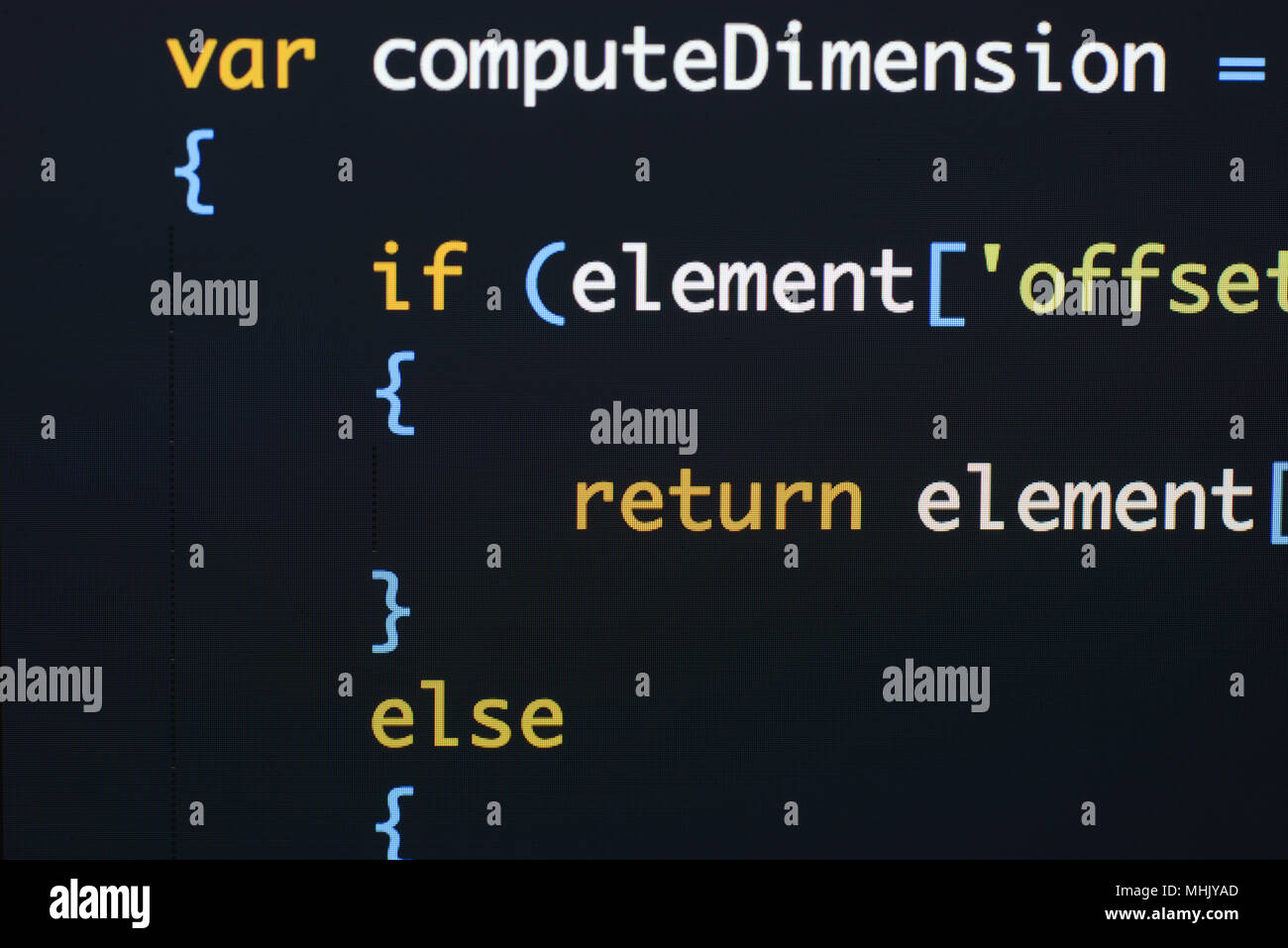 Real Java Script code developing screen. Programing workflow abstract algorithm concept. Closeup of Java Script and HTML code. Stock Photo
