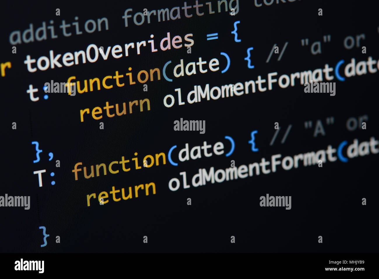 Real Java Script code developing screen. Programing workflow abstract ...